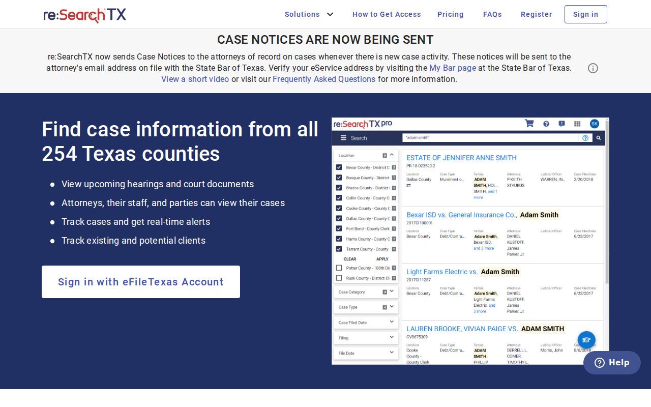 re:SearchTX login page used as a supplementary San Patricio County court records channel