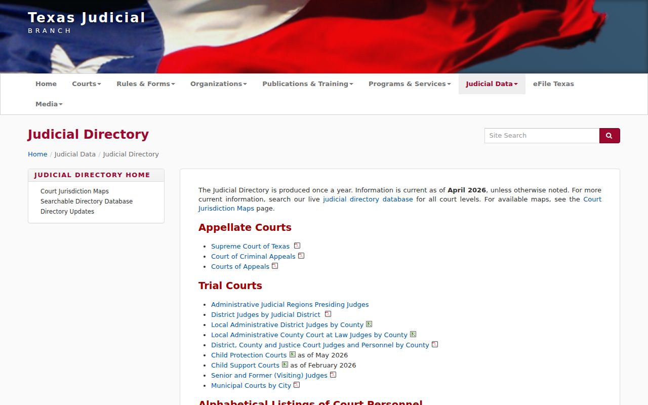 Texas Judicial Directory used to identify San Patricio County criminal courts and clerks