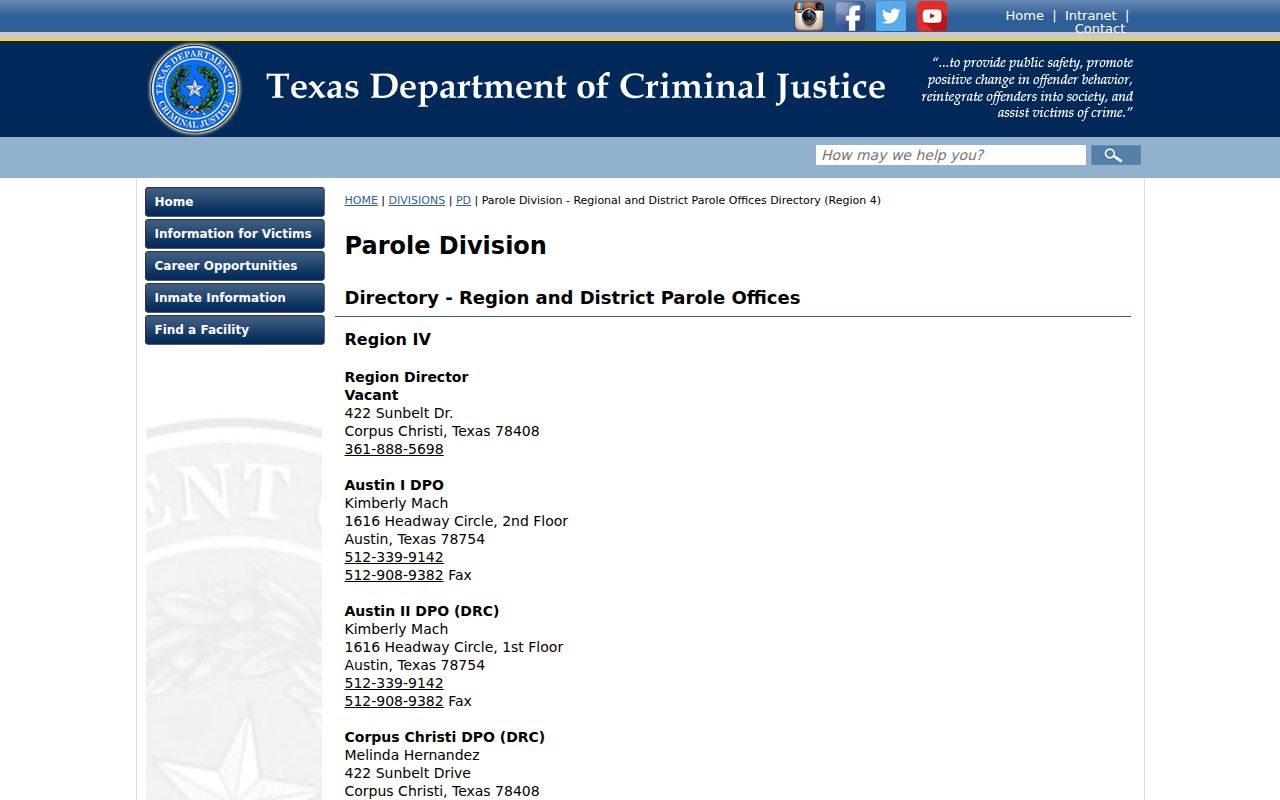 TDCJ Corpus Christi parole office listing serving the San Patricio County area