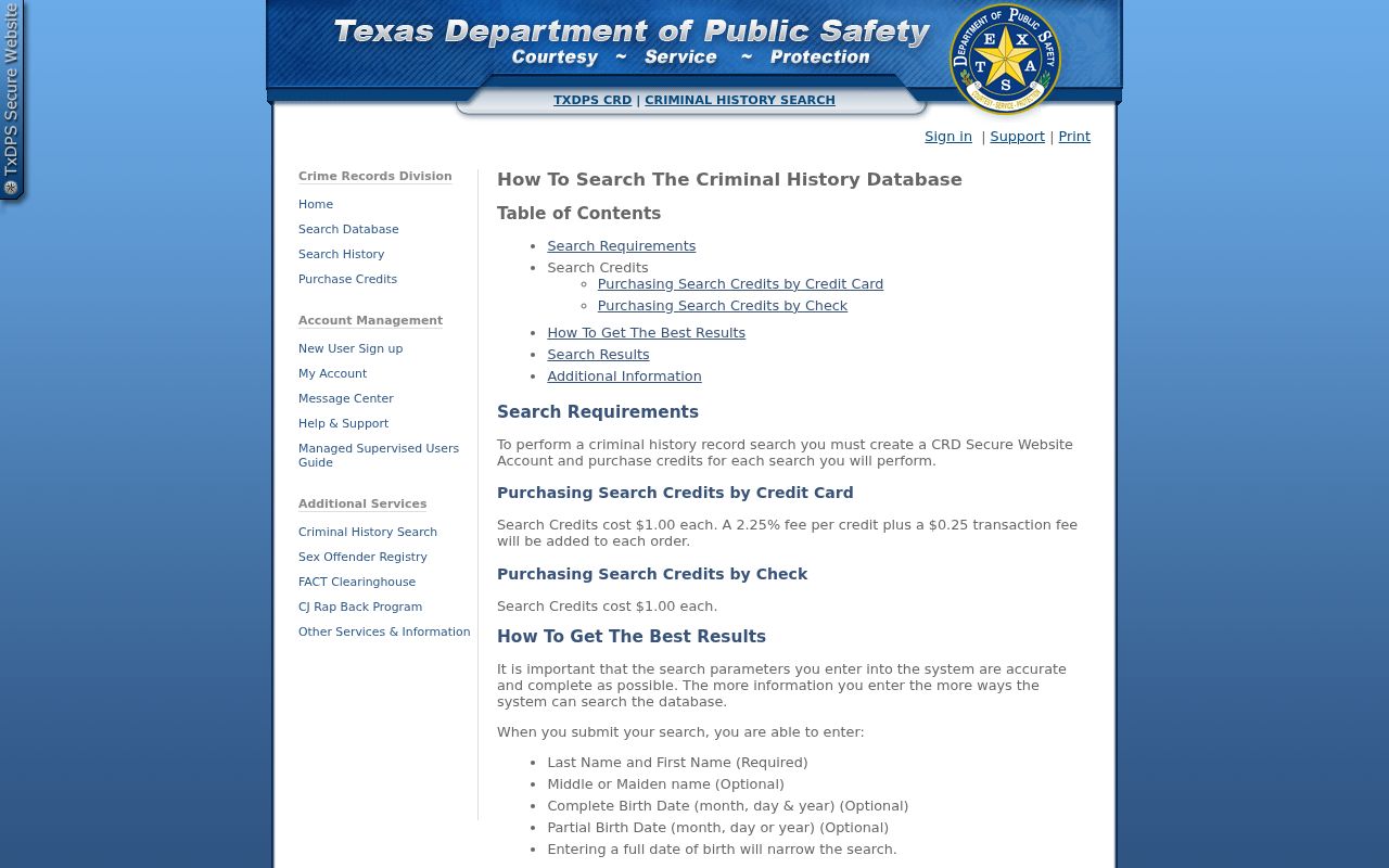 Texas DPS Criminal History Conviction Name Search help page used for San Patricio County records