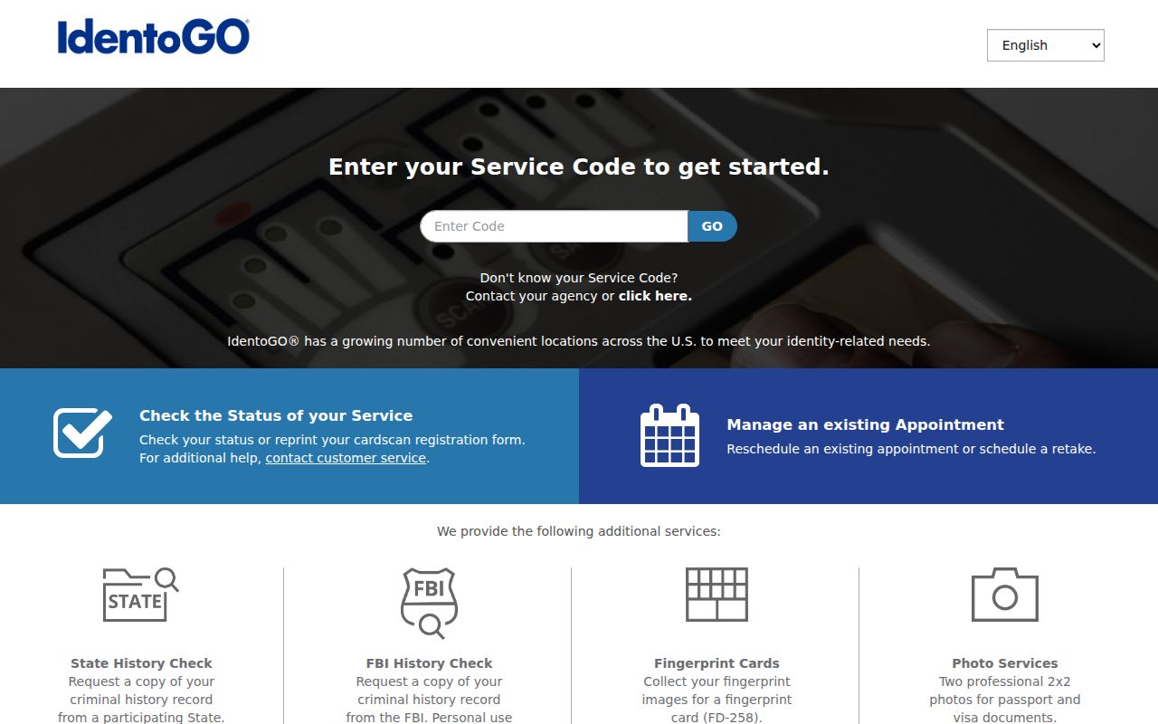 IdentoGO FAST fingerprint scheduling interface for a Texas criminal history review