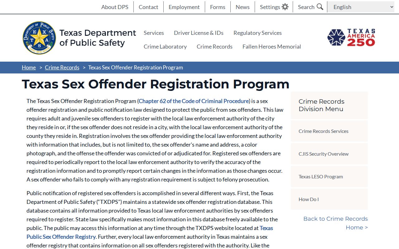 Texas program information for San Patricio County sex offender registration