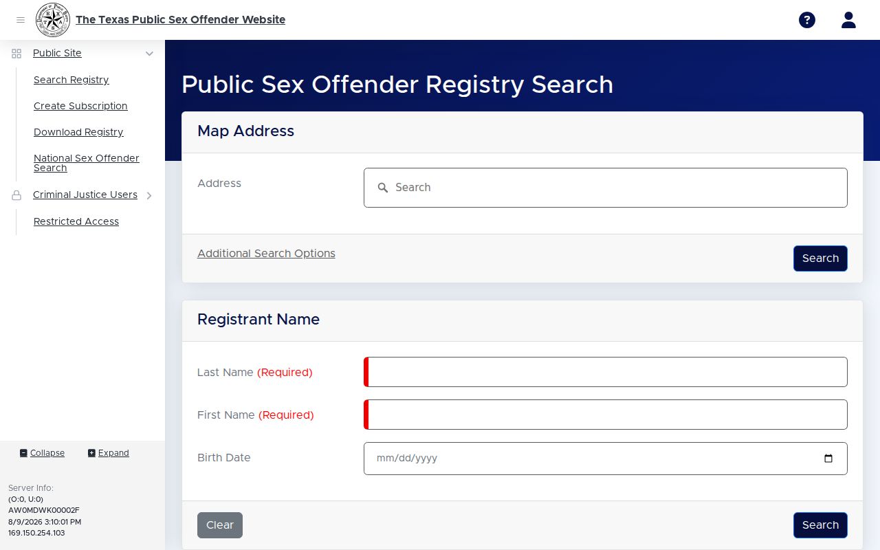 Texas DPS search form for a San Patricio County sex offender lookup