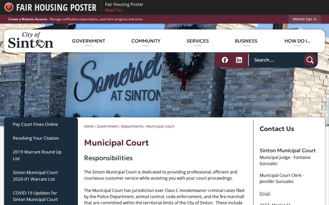 Sinton criminal record access and municipal warrant list page